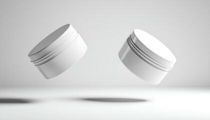 Two white cosmetic jars hover in mid-air against a minimalistic background, showcasing a clean, modern design ideal for product branding.