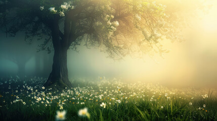 Fototapeta premium serene landscape featuring blooming tree surrounded by flowers in misty atmosphere, evoking sense of tranquility and beauty
