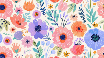 Bright floral pattern featuring colorful flowers and leaves, perfect for spring designs. This vibrant illustration showcases variety of blooms in cheerful arrangement