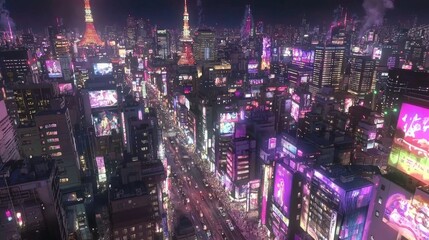 Obraz premium Vibrant Urban Nightlife Scene with Neon Lights and Skyscrapers