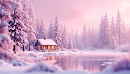Naklejka premium Cozy Cabin in Snowy Winter Landscape Reflecting on Frozen Lake