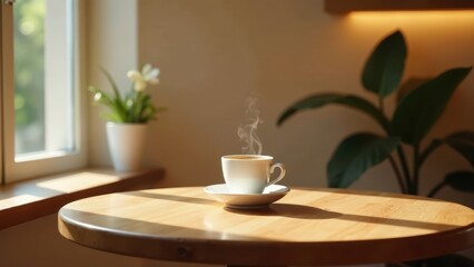 Aromatic Coffee Steam Rises from a White Cup on a Sunny Wooden Table