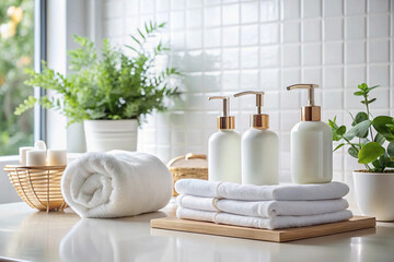 Spa bathroom, lotion bottles, towels, plants, bright window