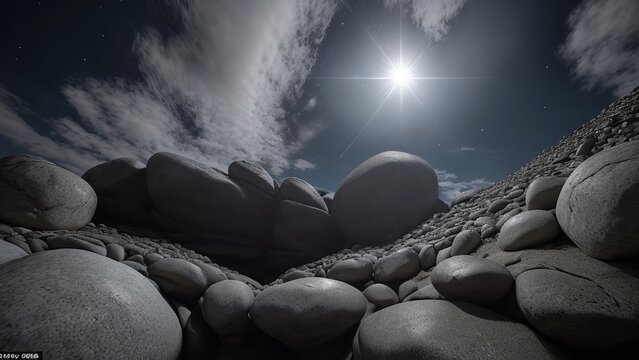 a dark scene of rocks and a stream under a full moonlit sky with lights on