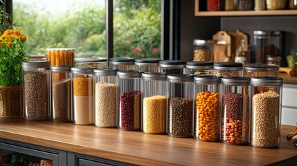An organized kitchen pantry with neatly labeled containers for grains, beans, and spices