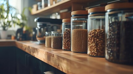 An organized kitchen pantry with neatly labeled containers for grains, beans, and spices