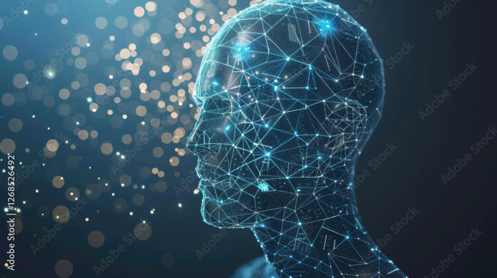 Poster digital representation of human head composed of interconnected lines and dots, symbolizing artifici