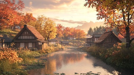 Fototapeta premium Serene Rural Landscape in Japanese Autumn with Traditional Houses