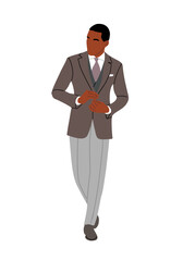 Elegant black businessman in formal or evening party outfit. Stylish african american handsome man wearing formal tuxedo, necktie. Vector realistic illustration isolated on transparent background.
