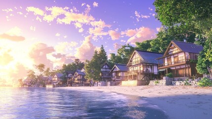 Fototapeta premium Peaceful Coastal Village at Sunrise with Beautiful Sky and Water