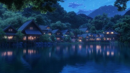 Fototapeta premium Tranquil Lakeside Village Under Starry Sky in Japan at Night