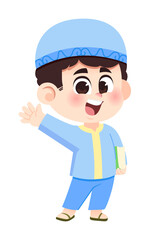 Cheerful muslim kid wave hand and hold book