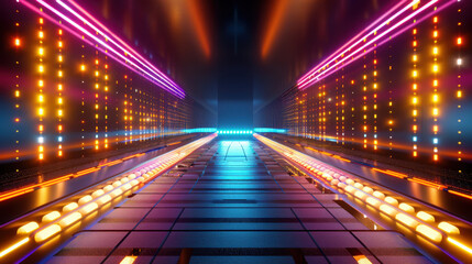 vibrant, futuristic corridor illuminated by colorful lights, creating dynamic atmosphere. scene features bright neon colors and sleek design, perfect for modern aesthetic