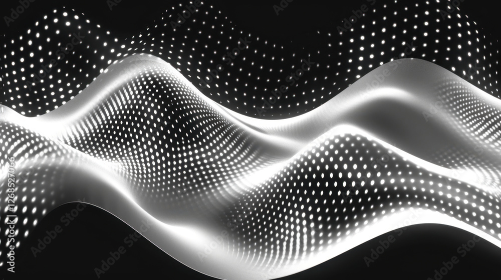 Poster abstract wave pattern with glowing dots in black and white, creating dynamic visual effect that evok