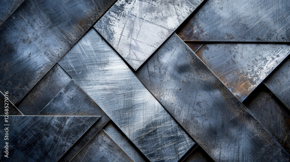 Poster metal texture background with geometric patterns and scratches, showcasing blend of blue and gray to