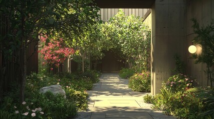 Fototapeta premium Tranquil Urban Japanese Garden Pathway Surrounded by Nature