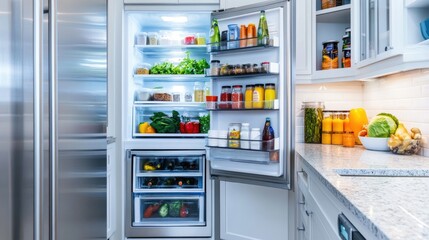 A clean, organized kitchen with a fully stocked refrigerator and neatly arranged items on shelves