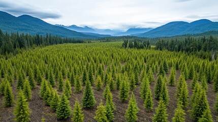 Fototapeta premium Young Evergreen Trees Planted In Rows Against Mountain Background