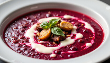 Vibrant beetroot soup with vegan yogurt swirl on white background, culinary art, Ayurvedic eating concept
