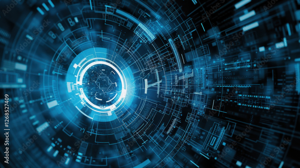 Poster futuristic digital technology background with glowing blue patterns and circuits, representing data 