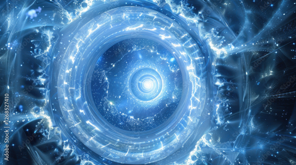 Poster abstract blue vortex with glowing particles and light effects, creating sense of depth and motion, i