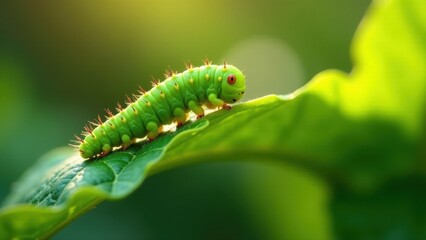 Fototapeta premium Vibrant green caterpillar crawling on a lush leaf in sunlight, a close-up view of nature's intricate details.