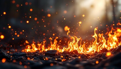 Burning Flames on Rocky Ground with Glowing Embers and Light