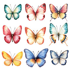 Obraz premium Butterfly collection. Watercolor illustration. Colorful Butterflies clipart set. Pink blue butterfly. Baby shower design elements. Party invitation, birthday celebration. Spring or summer decoration