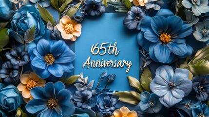 Elegant 65th Anniversary written on a soft watercolor wash of blues and greens, with flowing handwritten script and simple floral designs framing the card.