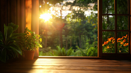 Sunset View from a Wooden Window, Tropical Forest, Potted Plants