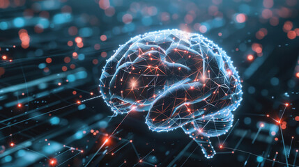 digital representation of brain with glowing connections, symbolizing artificial intelligence and neural networks. background features abstract data patterns