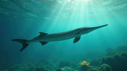 Obraz premium A graceful needlefish glides through sunlit ocean depths, its elongated body a stark contrast to the vibrant underwater flora