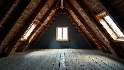Serene Attic Space with Natural Light Illuminating Wooden Beams and Floor