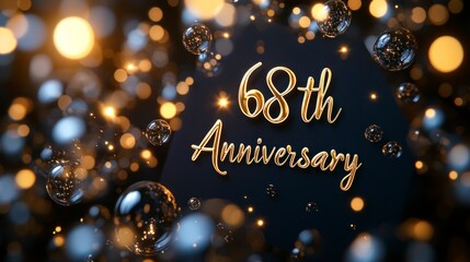 Elegant 68th Anniversary written on a navy blue card with sleek silver lines, featuring modern typography and small, subtle champagne bubbles rising in the background.