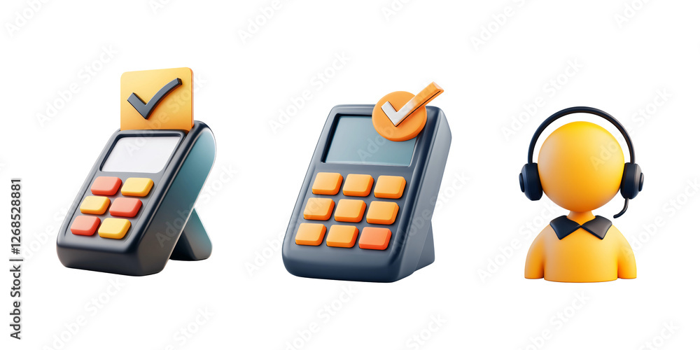 Fototapete 3d render of pos system and customer support: a set of 3d rendered icons depicting a point of sale (
