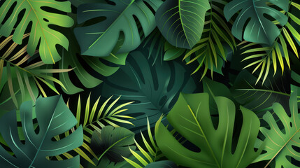 Lush green tropical leaves create vibrant and serene background, perfect for nature themed designs. various shades of green evoke sense of tranquility and freshness