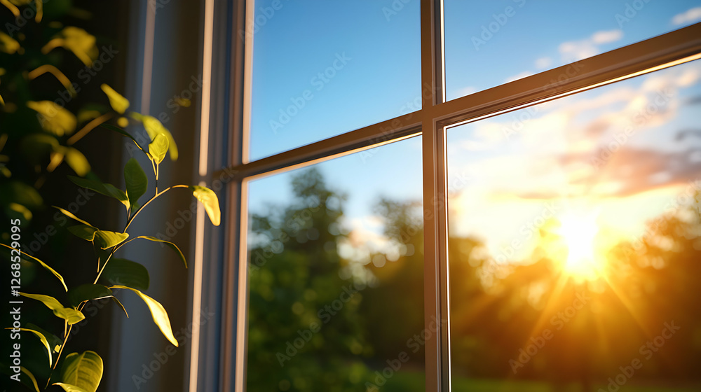 Poster sunset view through window pane