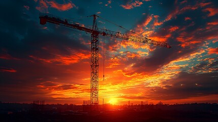 Construction crane sunset cityscape silhouette