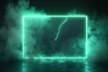 Glowing green neon square, lightning strike, smoky studio, background