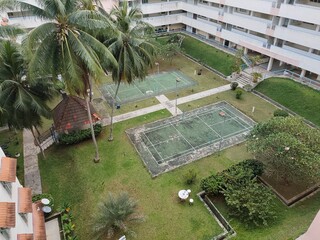The aerial view showcases the community's recreational facilities within the complex.