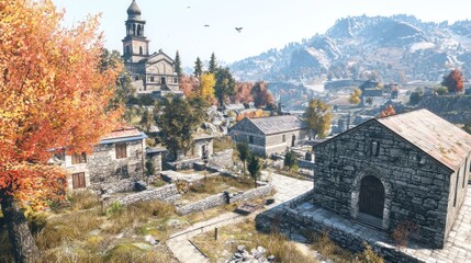 Fototapeta premium Autumnal mountain village scene with church and homes