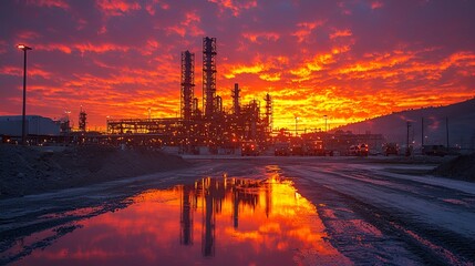 Naklejka premium Fiery sunset over refinery, construction site reflection