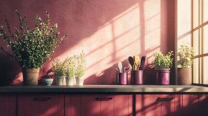 A modern kitchen with red cabinets, purple utensils, and green potted plants on the countertop for prosperity