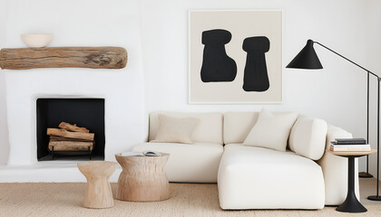 A modern living room featuring a cozy white sectional sofa, minimalist decor, and an artistic black-and-white wall piece.