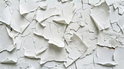 Peeling white paint texture on surface, showcasing cracks and layers. This abstract background evokes sense of decay and age, perfect for artistic projects