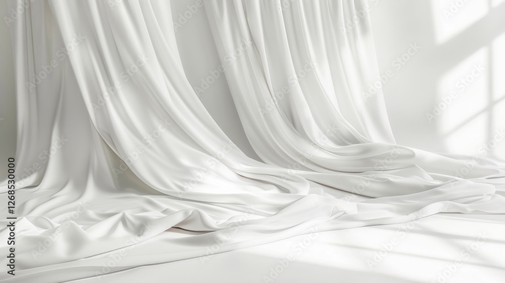 Poster soft white fabric drapes elegantly on smooth surface, creating serene atmosphere with gentle shadows