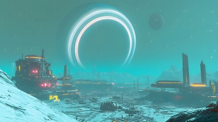 A colossal space station orbiting a mysterious planet with rings of ice and debris. Below, a massive city with glowing skyscrapers stretches across the landscape, blending advanced technology 