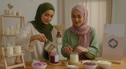 two women in hijabs work together pouring wax into jars in a casual home workshop setting with natural light