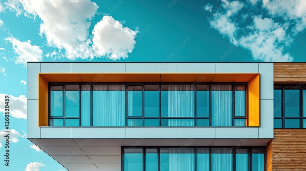 Poster modern building architecture featuring large windows and sky