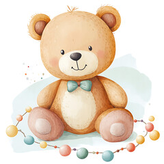 Watercolor teddy bear with baby toys  Set of hand painted illustrations ball, cubes, rattle for baby shower, decorating nursery, birthday and holiday design